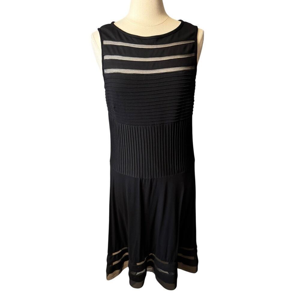 Adrianna Papell Black Cocktail Dress Bateau Midi Mesh Stripes 14 Jersey Knit